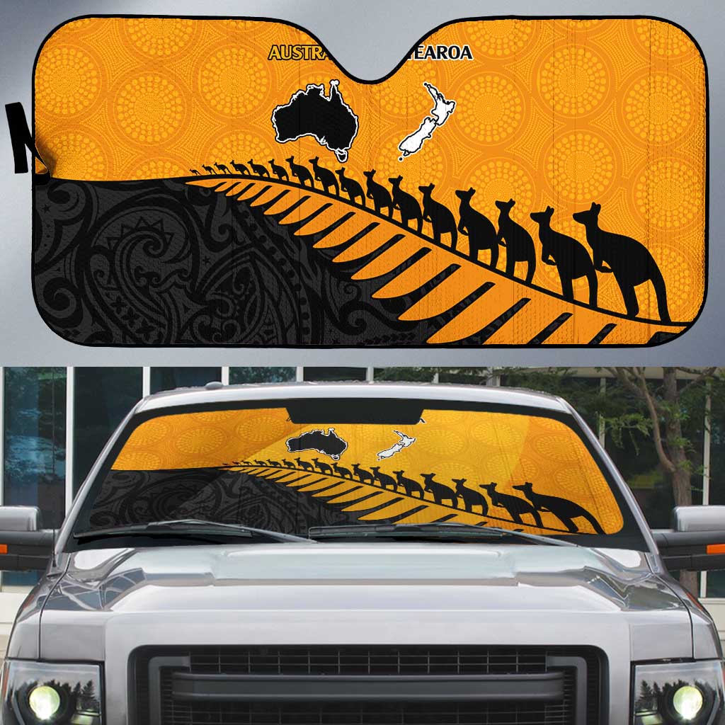 Australia New Zealand Rugby Auto Sun Shade Gold Aboriginal Wallabies and Maori Black Fern - Polynesian Pride
