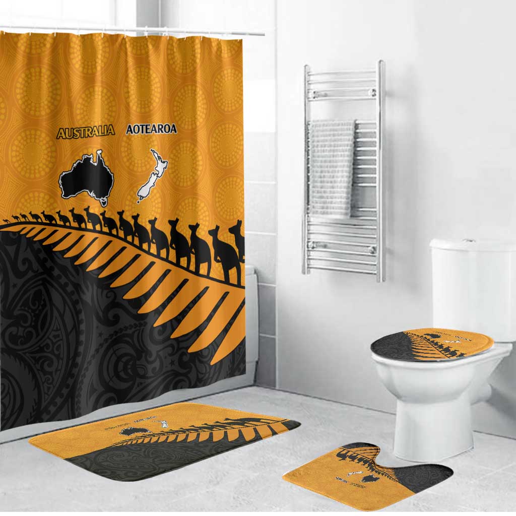Australia New Zealand Rugby Bathroom Set Gold Aboriginal Wallabies and Maori Black Fern - Polynesian Pride