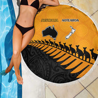 Australia New Zealand Rugby Beach Blanket Gold Aboriginal Wallabies and Maori Black Fern - Polynesian Pride