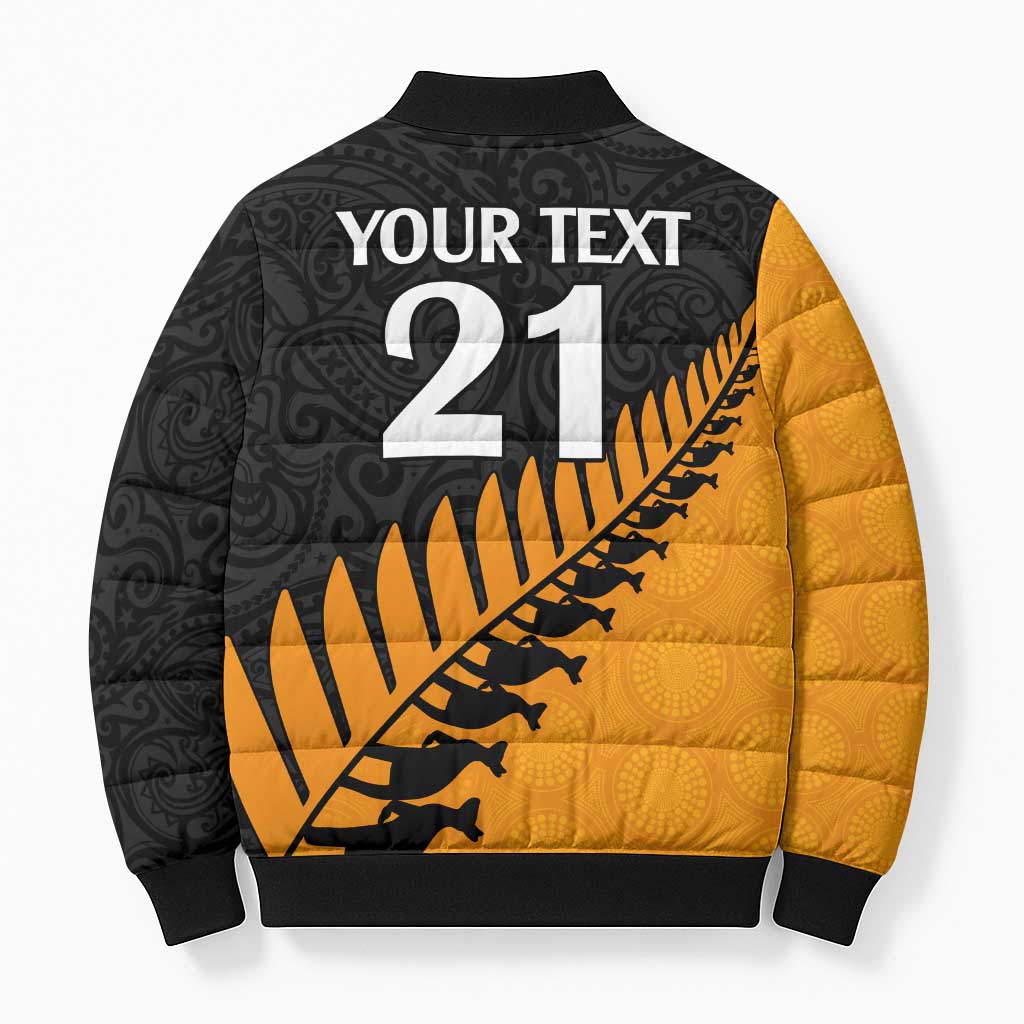 Australia New Zealand Rugby Bomber Puffer Jacket Gold Aboriginal Wallabies and Maori Black Fern - Polynesian Pride