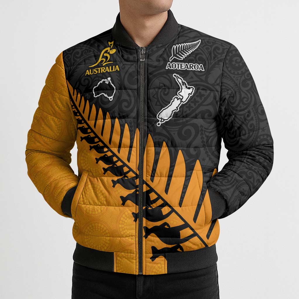 Australia New Zealand Rugby Bomber Puffer Jacket Gold Aboriginal Wallabies and Maori Black Fern - Polynesian Pride