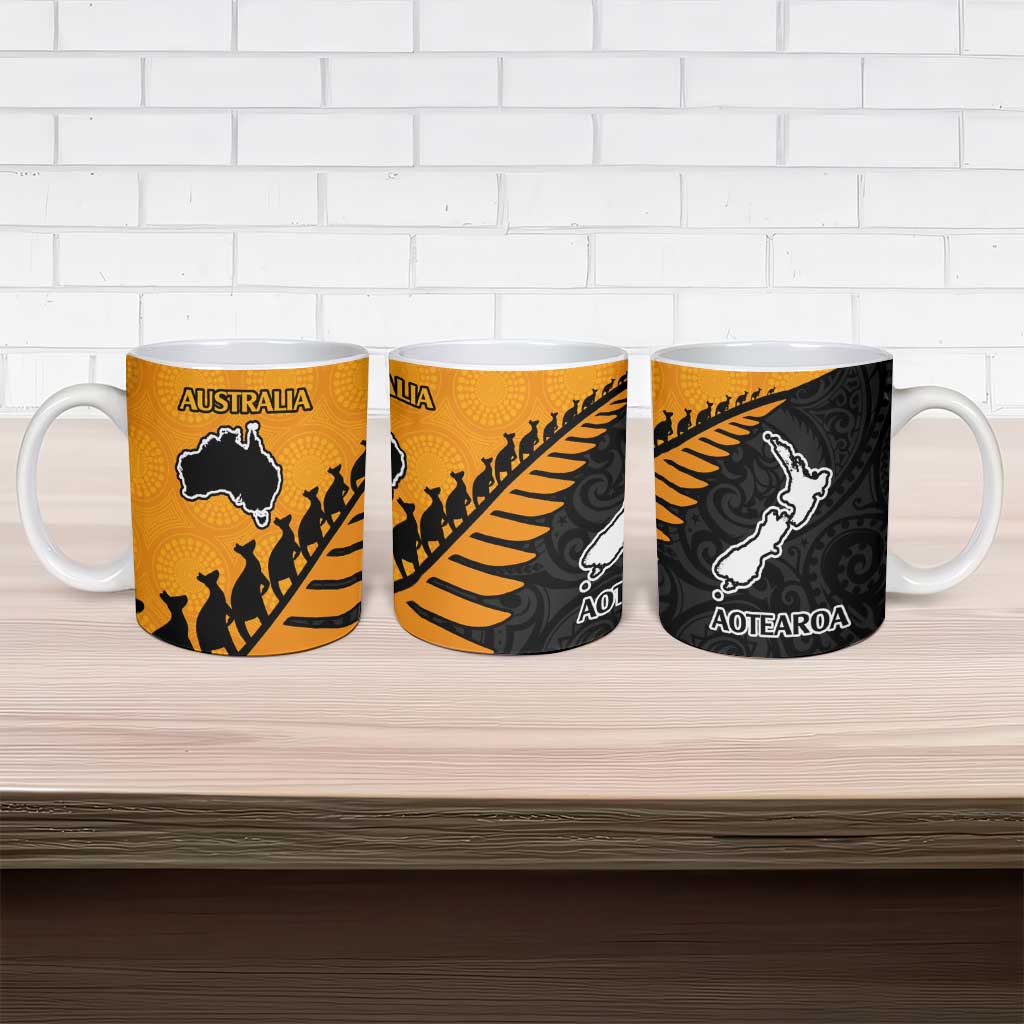 Australia New Zealand Rugby Ceramic Mug Gold Aboriginal Wallabies and Maori Black Fern - Polynesian Pride