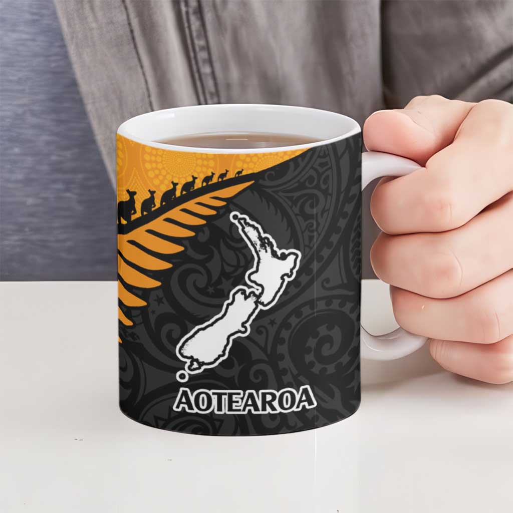 Australia New Zealand Rugby Ceramic Mug Gold Aboriginal Wallabies and Maori Black Fern - Polynesian Pride