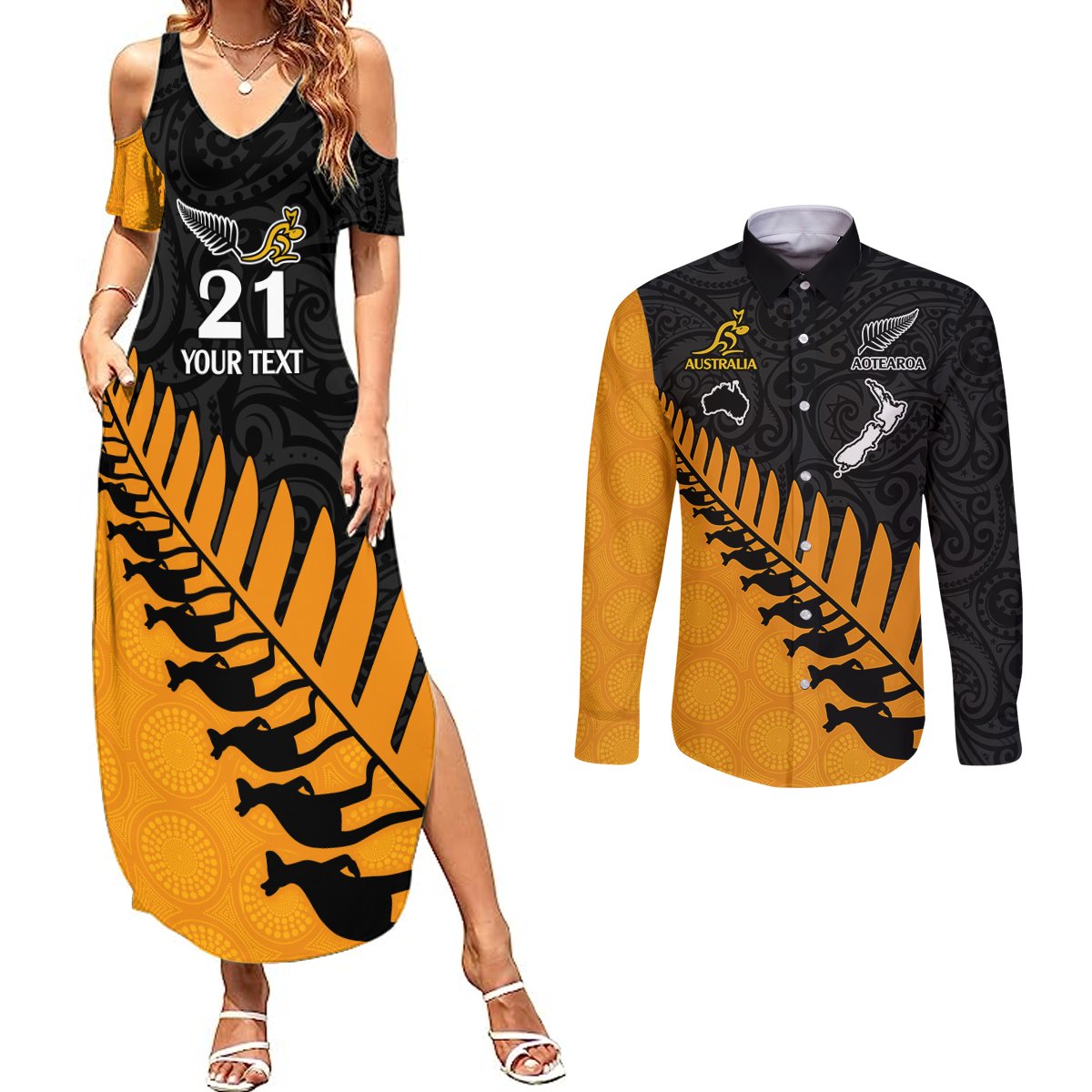 Custom Australia Wallabies and Aotearoa Rugby Couples Matching Summer Maxi Dress and Long Sleeve Button Shirts Kangaroo Black Fern Maori Gold Vibe LT9 Gold - Polynesian Pride