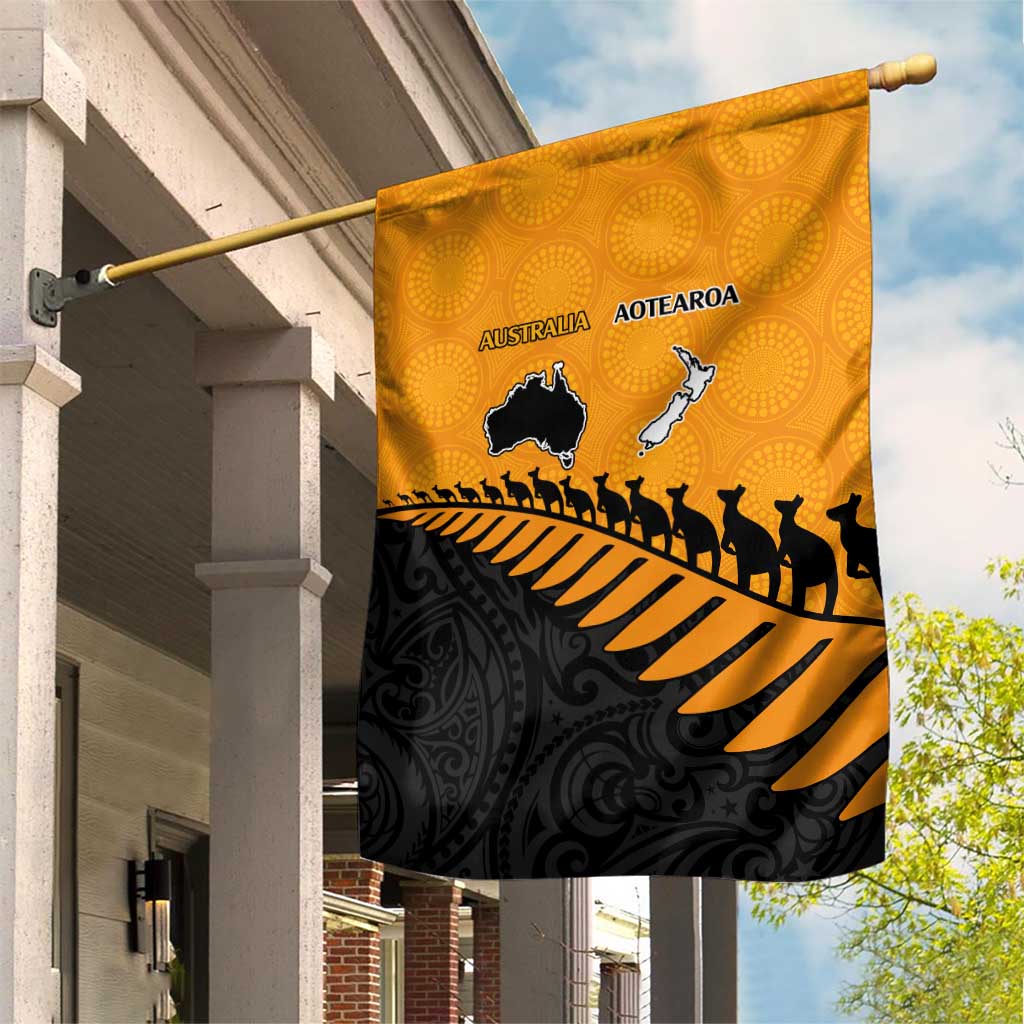 Australia New Zealand Rugby Garden Flag Gold Aboriginal Wallabies and Maori Black Fern - Polynesian Pride