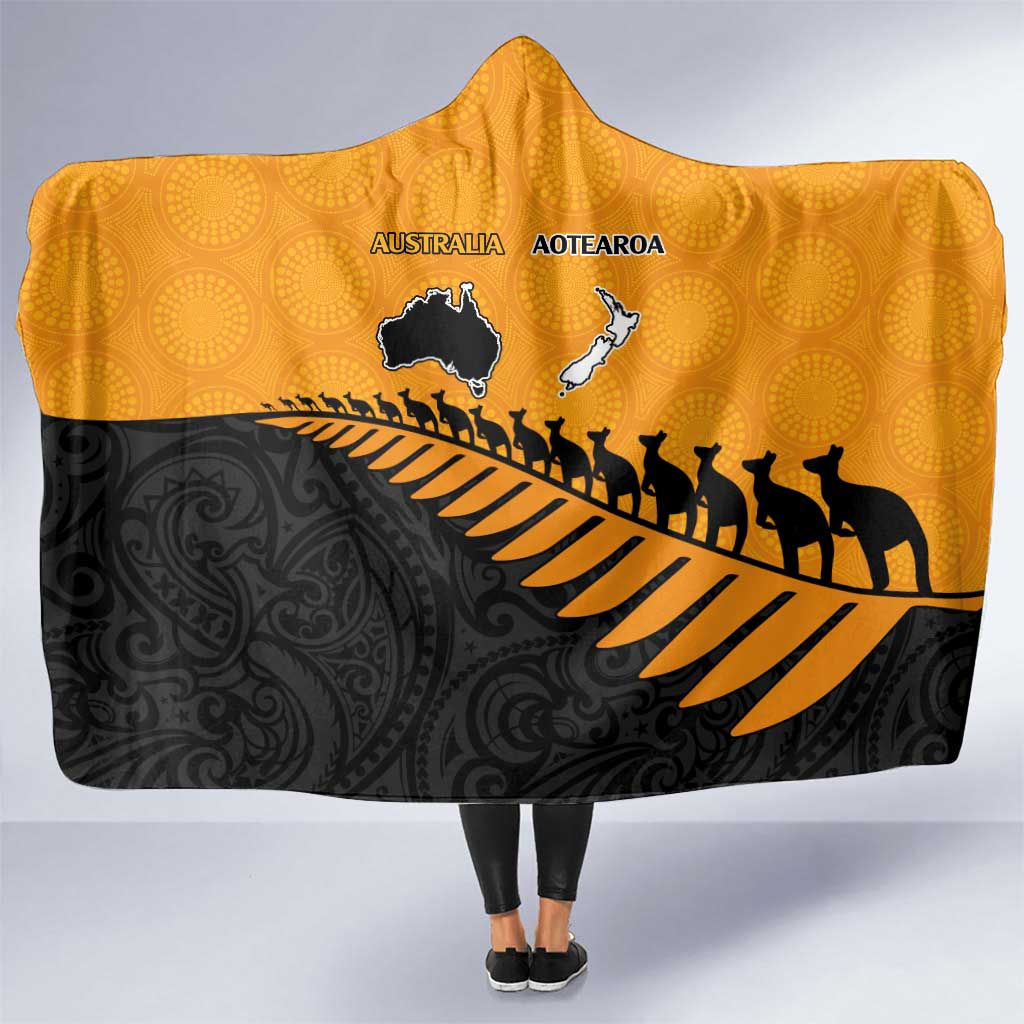 Australia New Zealand Rugby Hooded Blanket Gold Aboriginal Wallabies and Maori Black Fern - Polynesian Pride