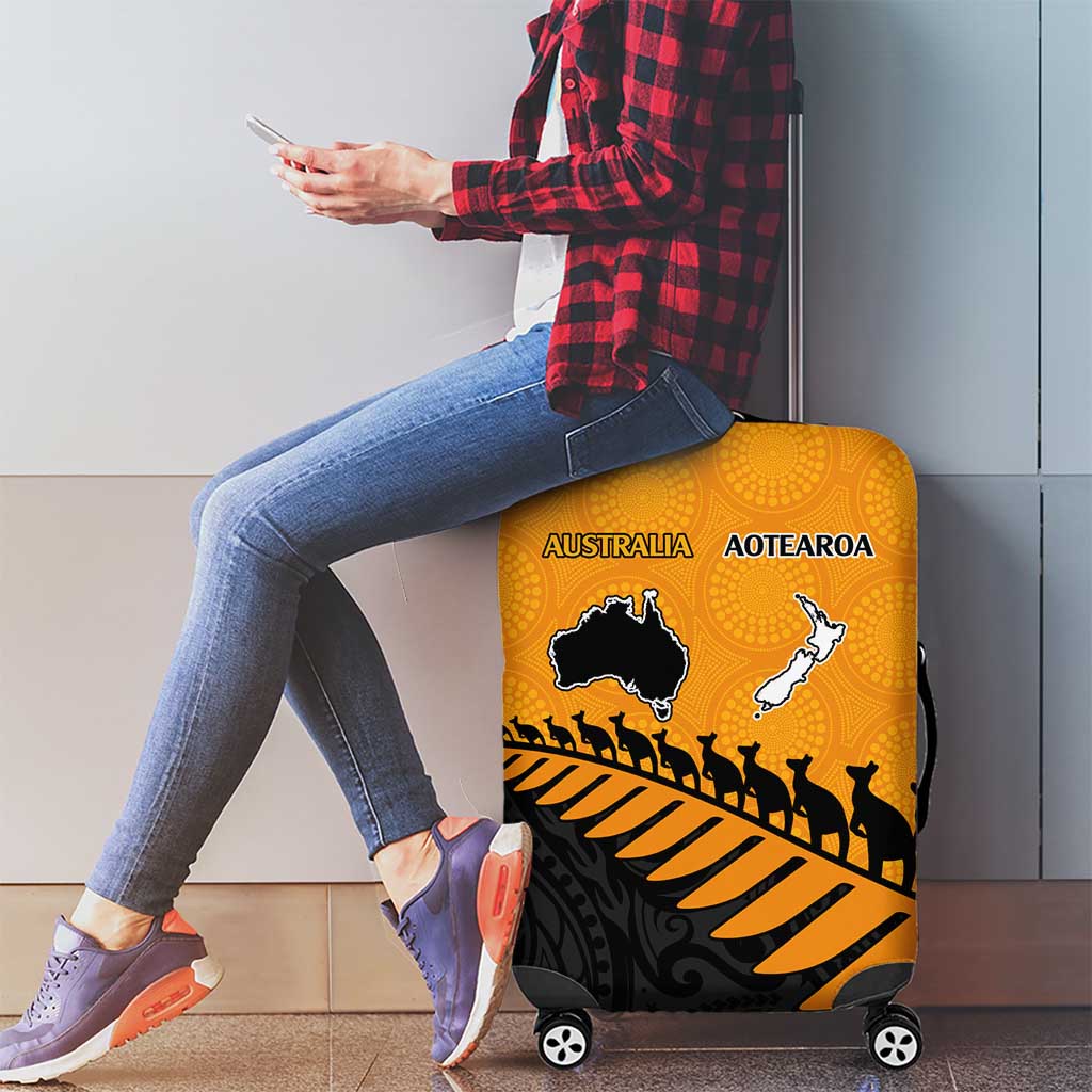 Australia New Zealand Rugby Luggage Cover Gold Aboriginal Wallabies and Maori Black Fern - Polynesian Pride