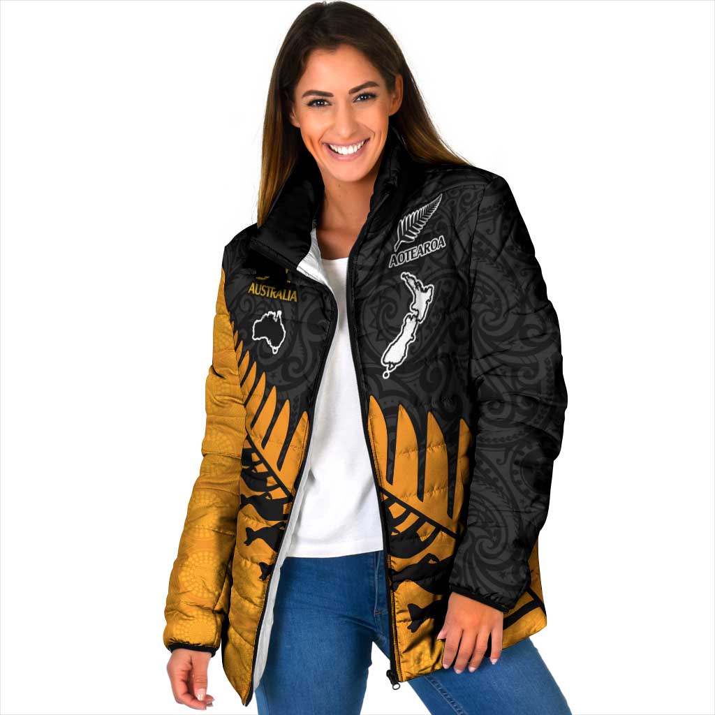 Australia New Zealand Rugby Padded Jacket Gold Aboriginal Wallabies and Maori Black Fern - Polynesian Pride