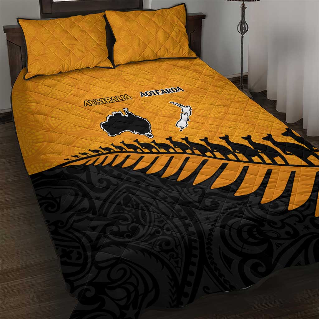Australia New Zealand Rugby Quilt Bed Set Gold Aboriginal Wallabies and Maori Black Fern - Polynesian Pride