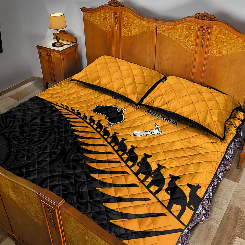 Australia New Zealand Rugby Quilt Bed Set Gold Aboriginal Wallabies and Maori Black Fern - Polynesian Pride