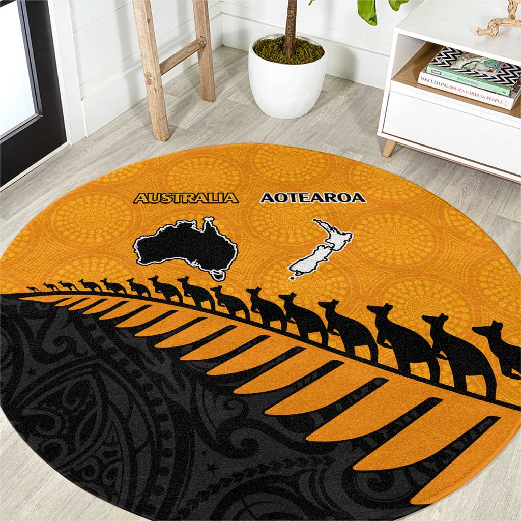 Australia New Zealand Rugby Round Carpet Gold Aboriginal Wallabies and Maori Black Fern - Polynesian Pride