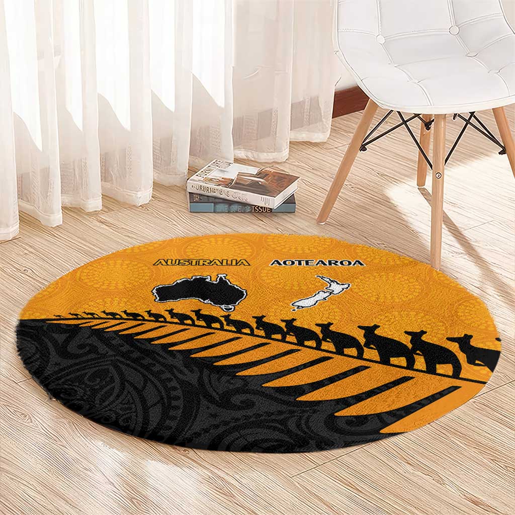 Australia New Zealand Rugby Round Carpet Gold Aboriginal Wallabies and Maori Black Fern - Polynesian Pride