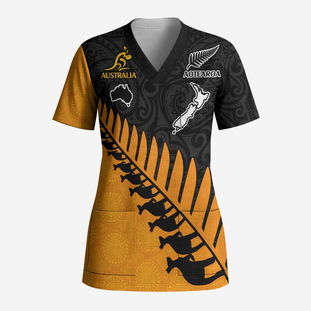 Australia New Zealand Rugby Scrub Top Gold Aboriginal Wallabies and Maori Black Fern - Polynesian Pride