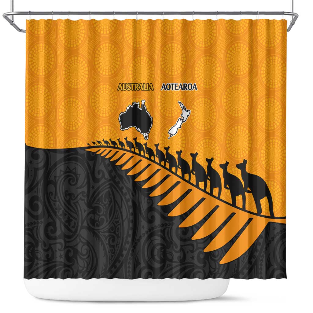 Australia New Zealand Rugby Shower Curtain Gold Aboriginal Wallabies and Maori Black Fern - Polynesian Pride