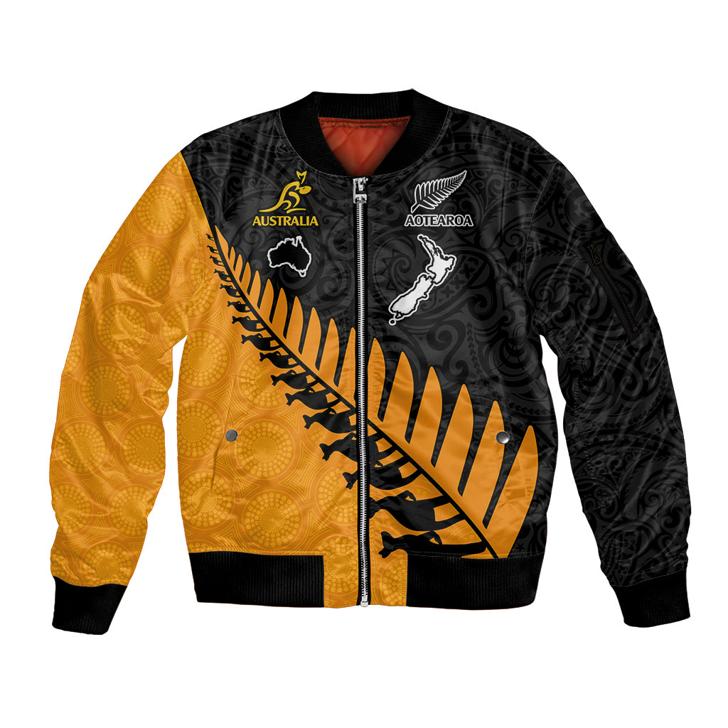 Custom Australia Wallabies and Aotearoa Rugby Sleeve Zip Bomber Jacket Kangaroo Black Fern Maori Gold Vibe LT9 Unisex Gold - Polynesian Pride