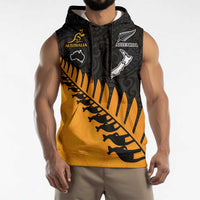 Australia New Zealand Rugby Sleeveless Hoodie Gold Aboriginal Wallabies and Maori Black Fern - Polynesian Pride