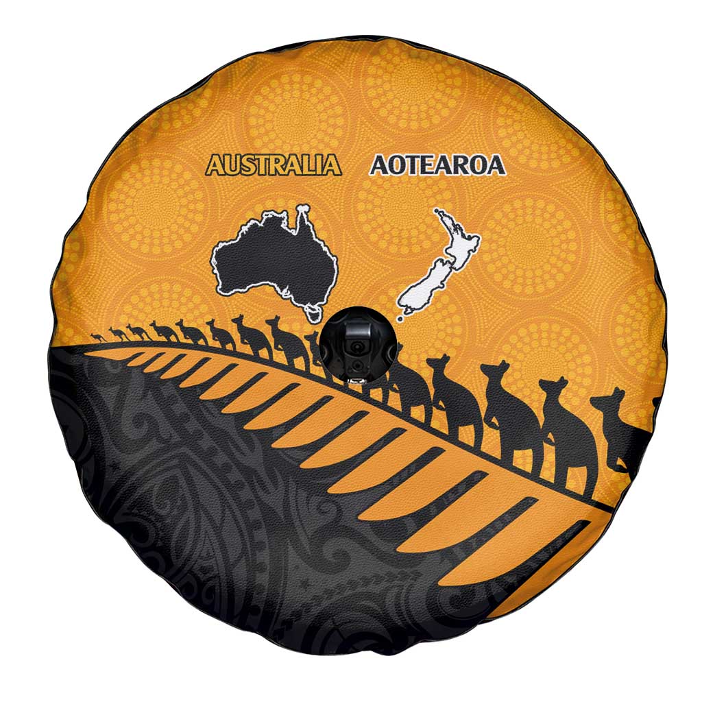 Australia New Zealand Rugby Spare Tire Cover Gold Aboriginal Wallabies and Maori Black Fern - Polynesian Pride