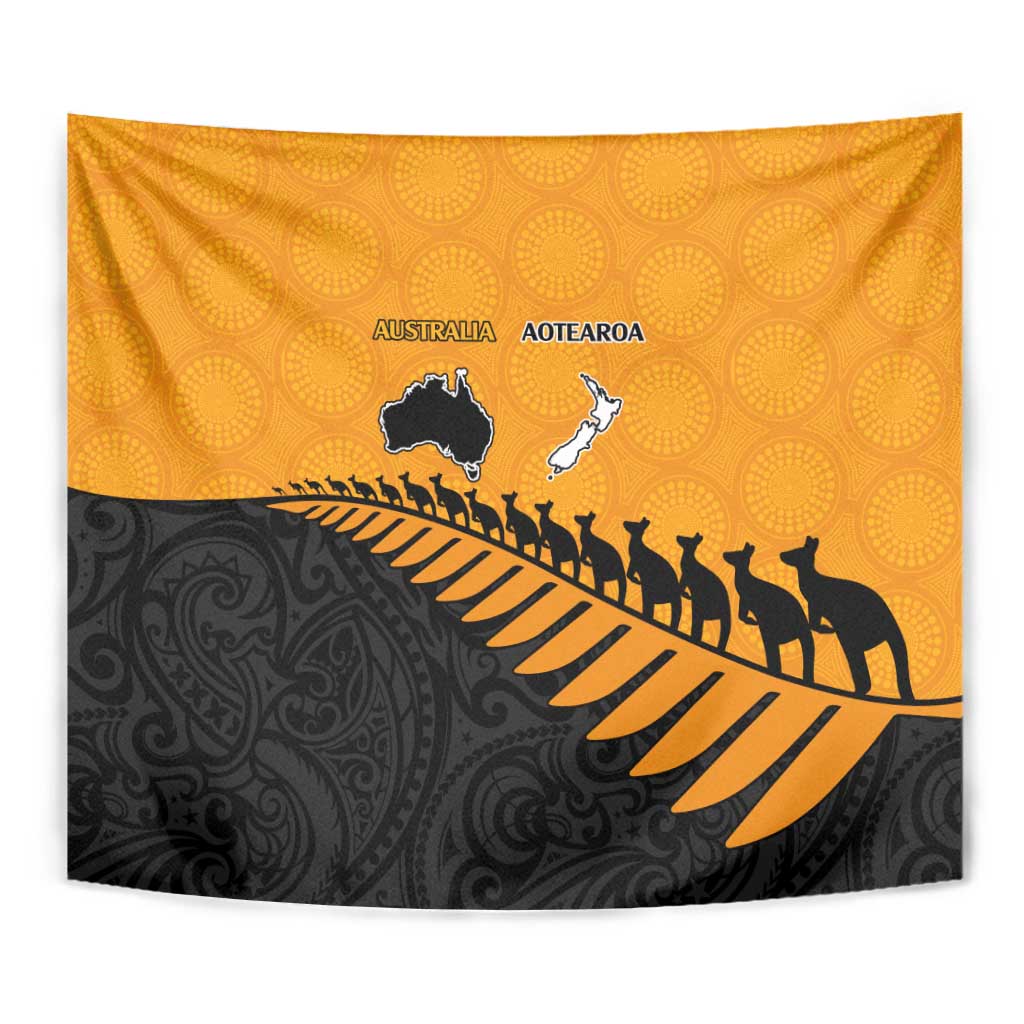 Australia New Zealand Rugby Tapestry Gold Aboriginal Wallabies and Maori Black Fern - Polynesian Pride