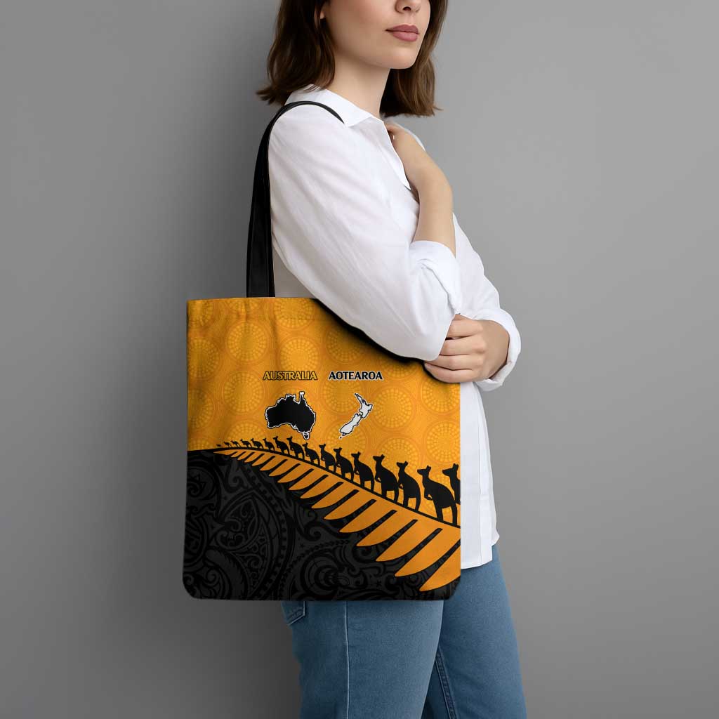 Australia New Zealand Rugby Tote Bag Gold Aboriginal Wallabies and Maori Black Fern - Polynesian Pride