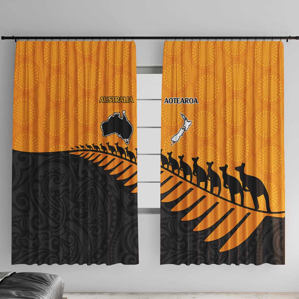 Australia New Zealand Rugby Window Curtain Gold Aboriginal Wallabies and Maori Black Fern - Polynesian Pride