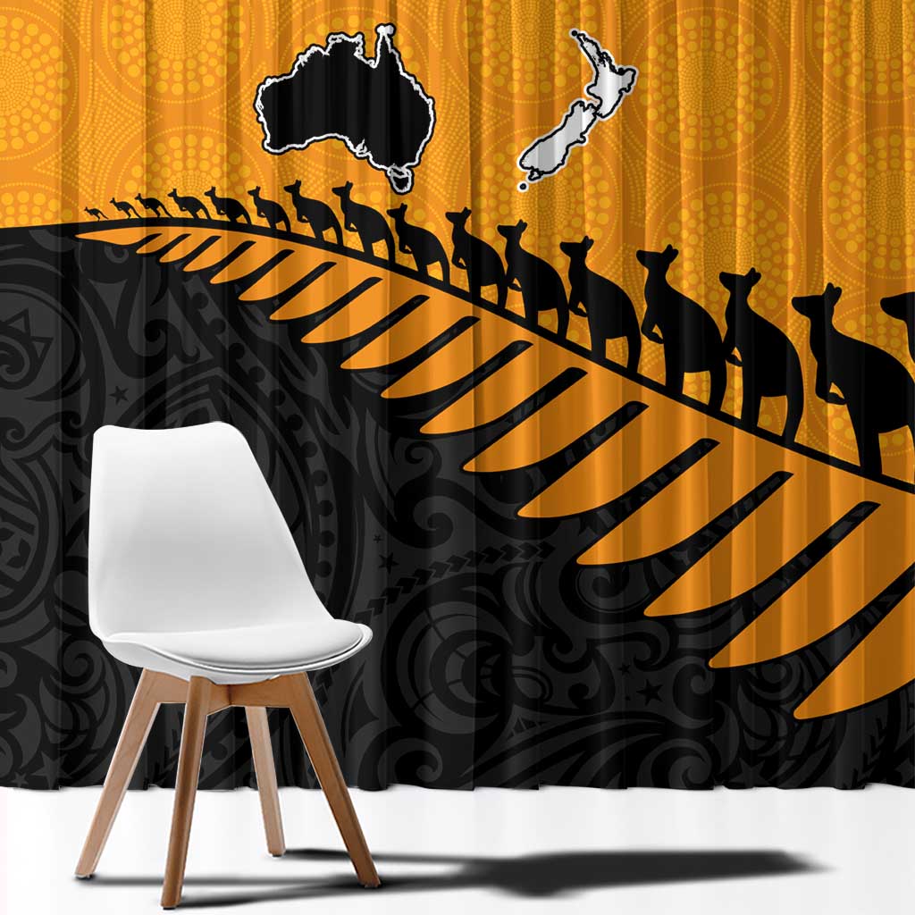 Australia New Zealand Rugby Window Curtain Gold Aboriginal Wallabies and Maori Black Fern - Polynesian Pride