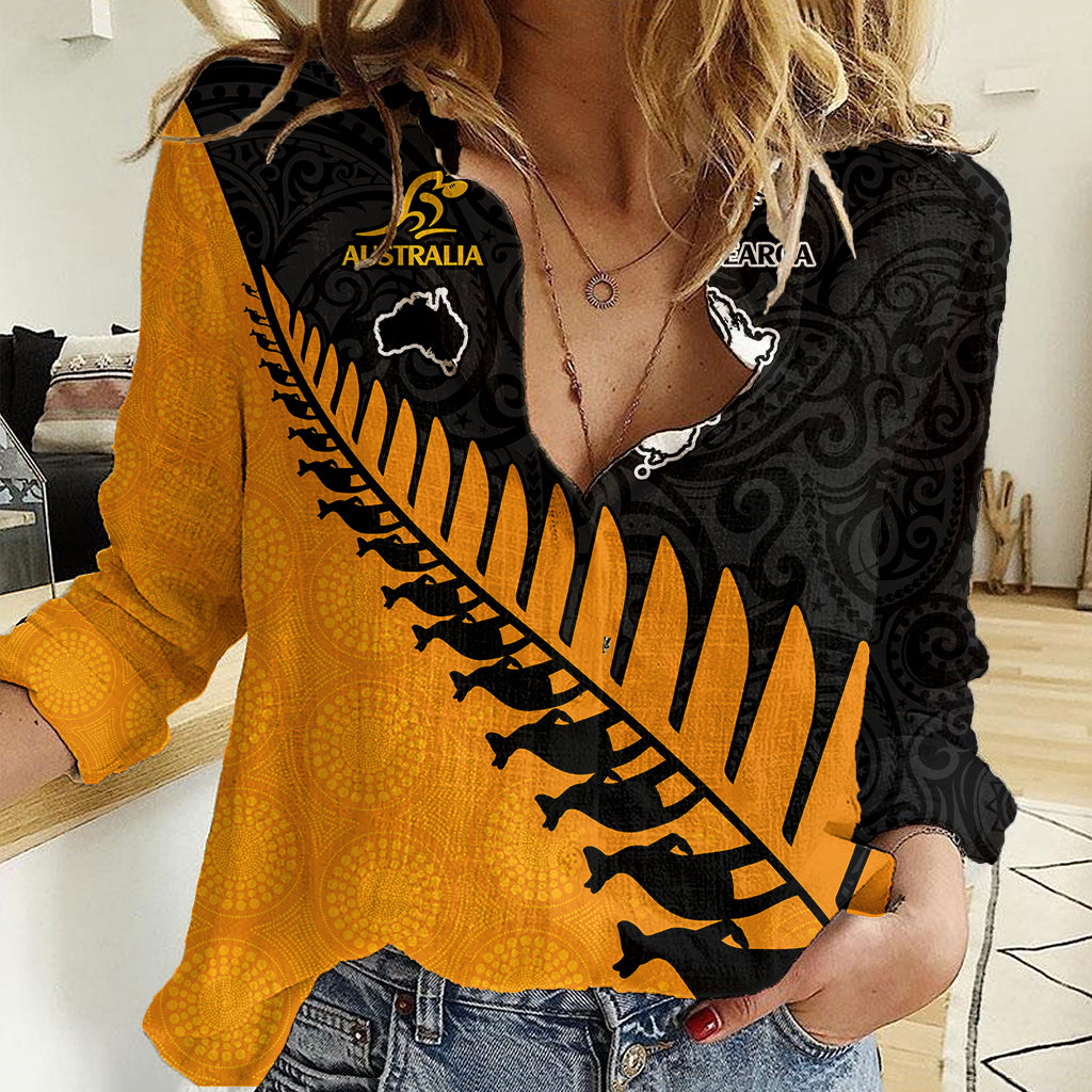 Custom Australia Wallabies and Aotearoa Rugby Women Casual Shirt Kangaroo Black Fern Maori Gold Vibe LT9 Female Gold - Polynesian Pride