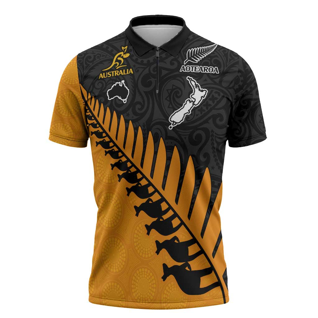 Australia New Zealand Rugby Zipper Polo Shirt Gold Aboriginal Wallabies and Maori Black Fern - Polynesian Pride