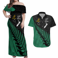 Australia Wallabies and Aotearoa Rugby Couples Matching Off Shoulder Maxi Dress and Hawaiian Shirt Kangaroo Black Fern Maori Green Vibe LT9 Green - Polynesian Pride