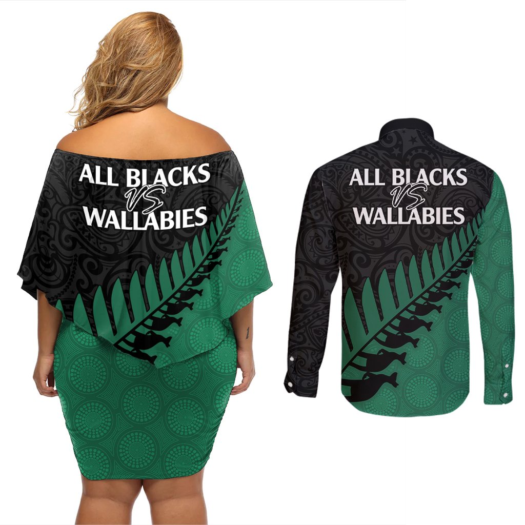 Australia Wallabies and Aotearoa Rugby Couples Matching Off Shoulder Short Dress and Long Sleeve Button Shirts Kangaroo Black Fern Maori Green Vibe LT9 - Polynesian Pride