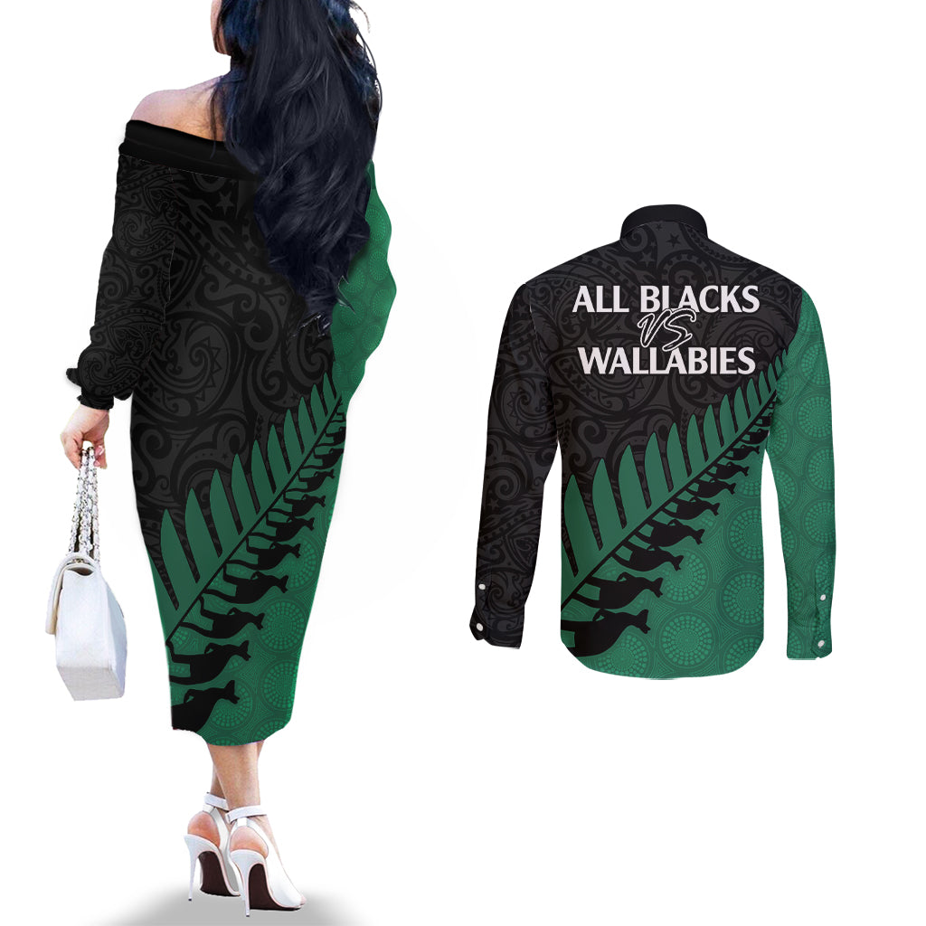 Australia Wallabies and Aotearoa Rugby Couples Matching Off The Shoulder Long Sleeve Dress and Long Sleeve Button Shirts Kangaroo Black Fern Maori Green Vibe LT9 - Polynesian Pride