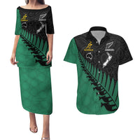 Australia Wallabies and Aotearoa Rugby Couples Matching Puletasi Dress and Hawaiian Shirt Kangaroo Black Fern Maori Green Vibe LT9 Green - Polynesian Pride