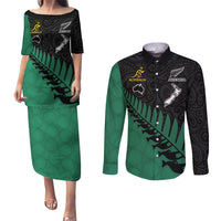 Australia Wallabies and Aotearoa Rugby Couples Matching Puletasi Dress and Long Sleeve Button Shirts Kangaroo Black Fern Maori Green Vibe LT9 Green - Polynesian Pride