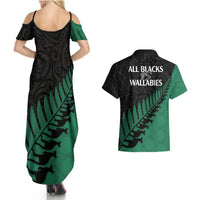 Australia Wallabies and Aotearoa Rugby Couples Matching Summer Maxi Dress and Hawaiian Shirt Kangaroo Black Fern Maori Green Vibe LT9 - Polynesian Pride