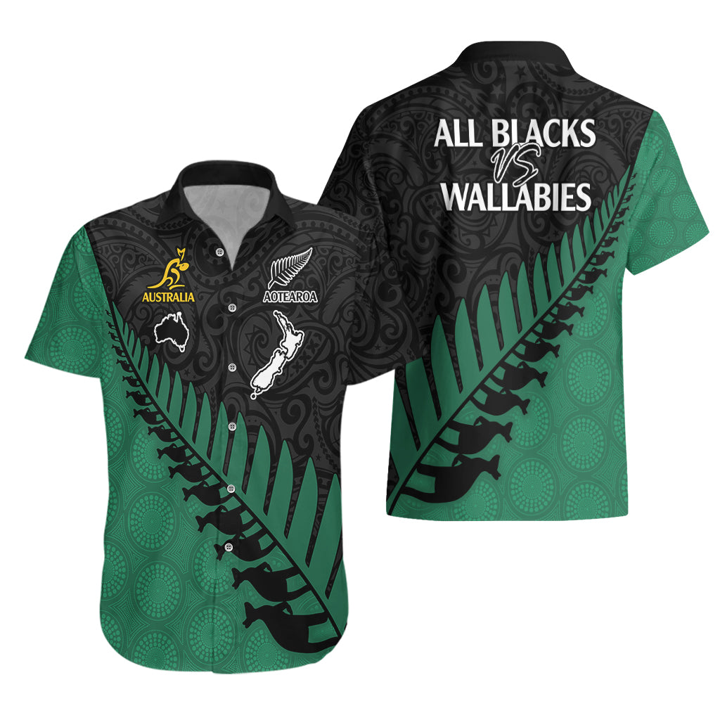 Australia Wallabies and Aotearoa Rugby Hawaiian Shirt Kangaroo Black Fern Maori Green Vibe LT9 - Polynesian Pride