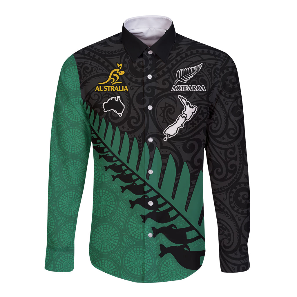 Australia Wallabies and Aotearoa Rugby Long Sleeve Button Shirt Kangaroo Black Fern Maori Green Vibe LT9 Unisex Green - Polynesian Pride