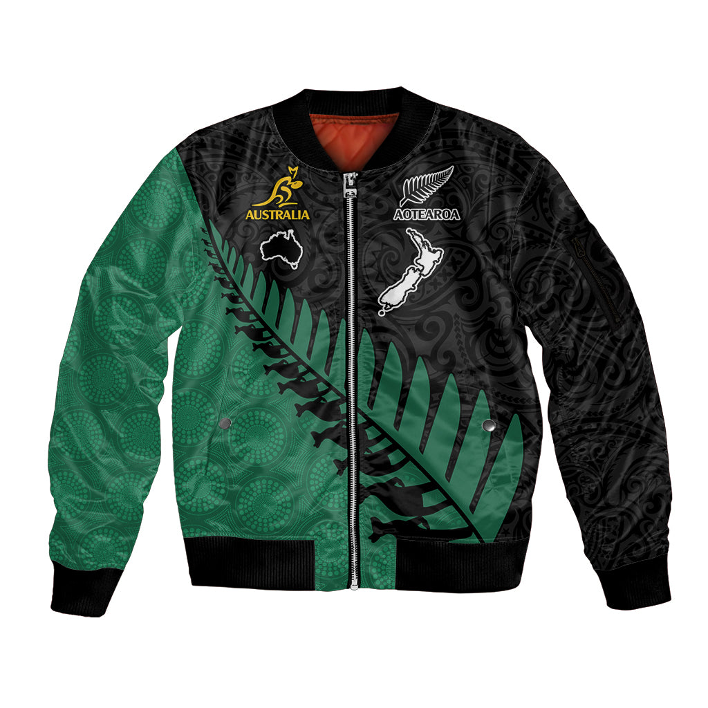 Australia Wallabies and Aotearoa Rugby Sleeve Zip Bomber Jacket Kangaroo Black Fern Maori Green Vibe LT9 Unisex Green - Polynesian Pride