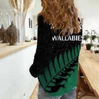 Australia Wallabies and Aotearoa Rugby Women Casual Shirt Kangaroo Black Fern Maori Green Vibe LT9 - Polynesian Pride