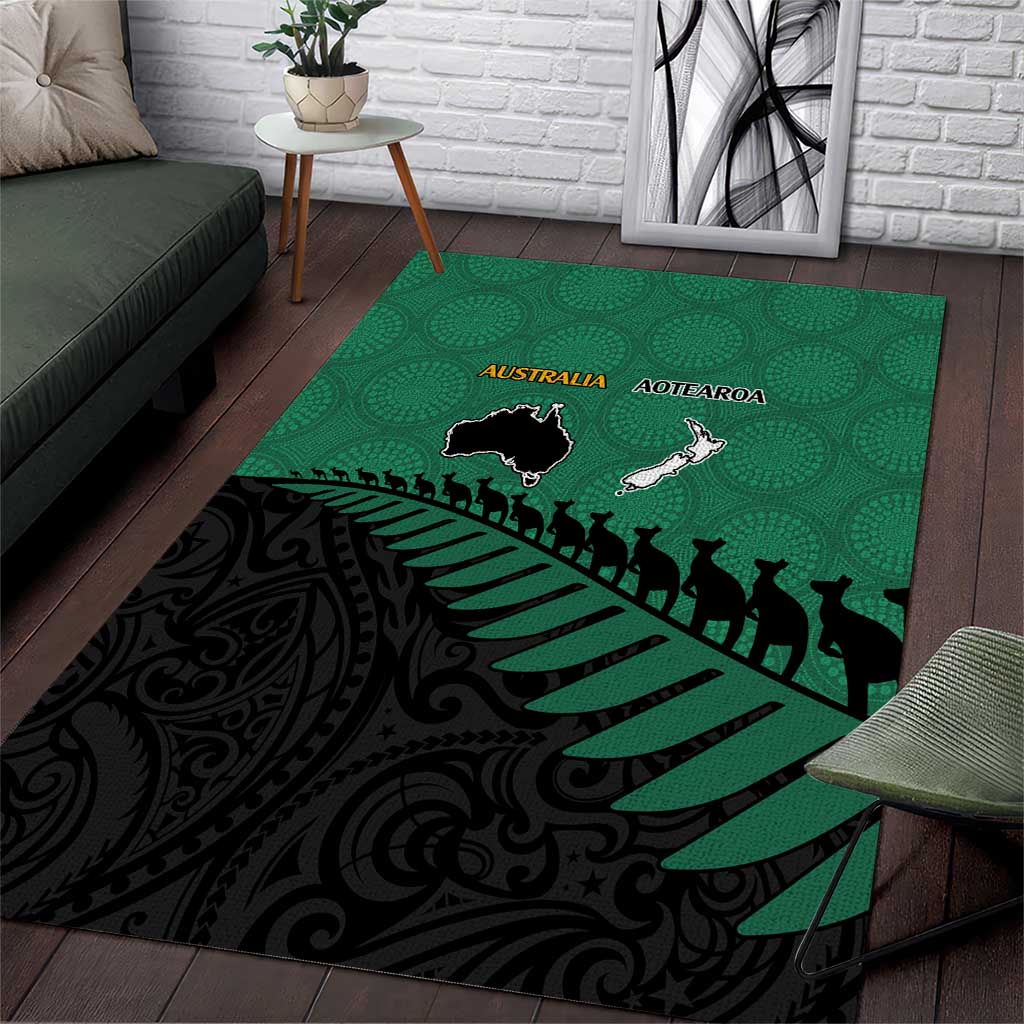 Australia New Zealand Rugby Area Rug Green Aboriginal Wallabies and Maori Black Fern - Polynesian Pride