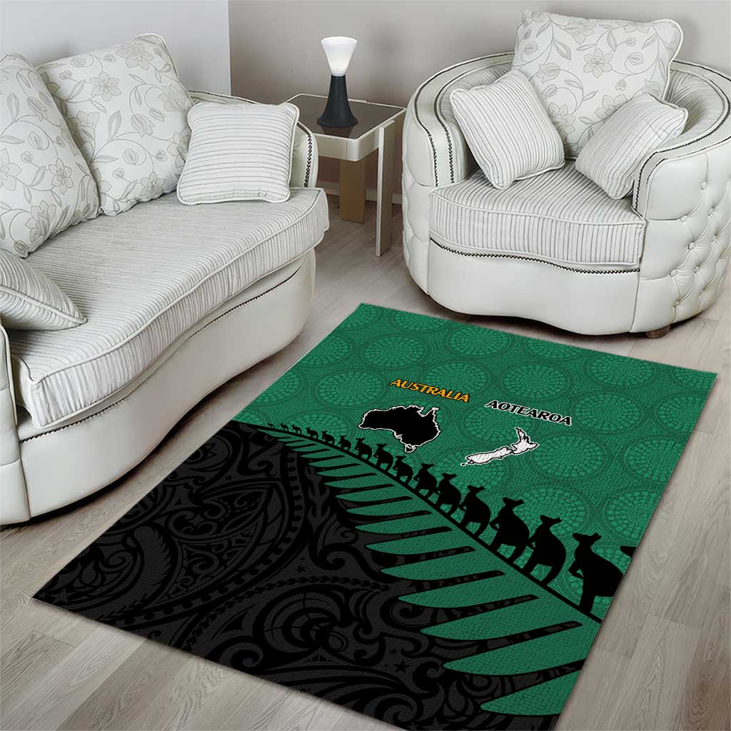 Australia New Zealand Rugby Area Rug Green Aboriginal Wallabies and Maori Black Fern - Polynesian Pride