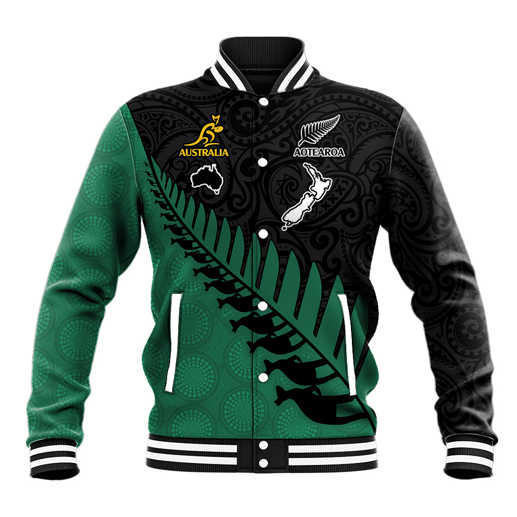 Custom Australia Wallabies and Aotearoa Rugby Baseball Jacket Kangaroo Black Fern Maori Green Vibe LT9 Unisex Green - Polynesian Pride