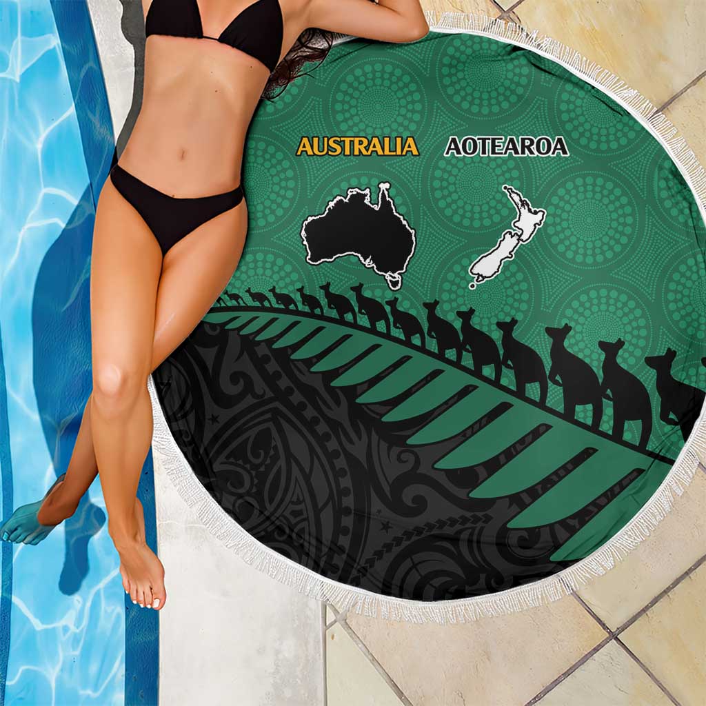 Australia New Zealand Rugby Beach Blanket Green Aboriginal Wallabies and Maori Black Fern - Polynesian Pride