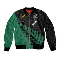 Custom Australia Wallabies and Aotearoa Rugby Bomber Jacket Kangaroo Black Fern Maori Green Vibe LT9 Unisex Green - Polynesian Pride