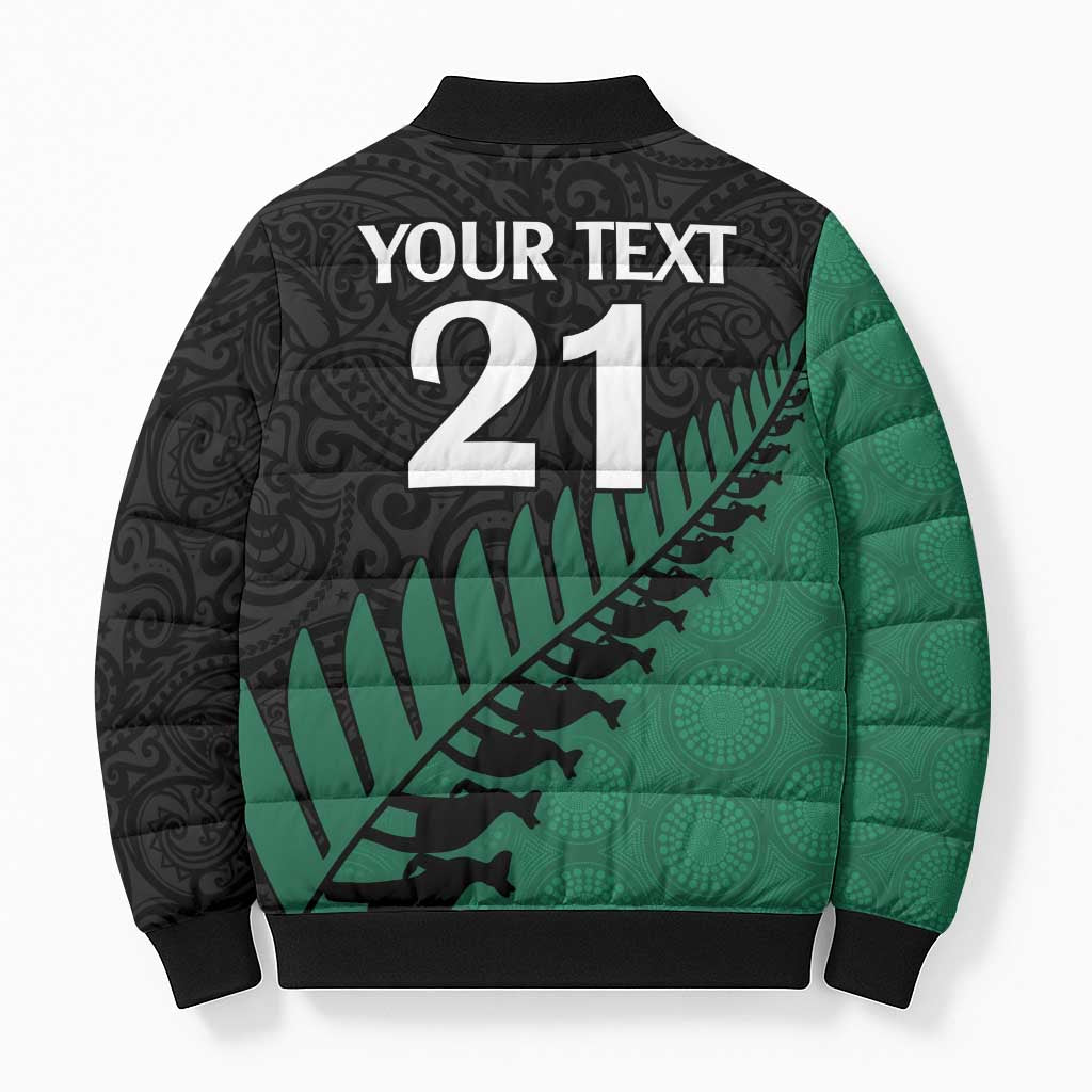 Australia New Zealand Rugby Bomber Puffer Jacket Green Aboriginal Wallabies and Maori Black Fern - Polynesian Pride