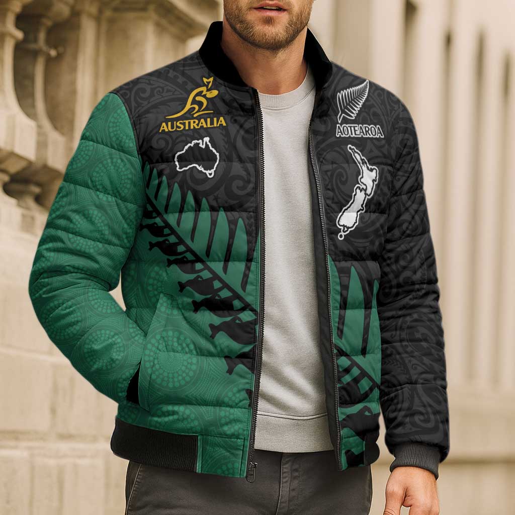 Australia New Zealand Rugby Bomber Puffer Jacket Green Aboriginal Wallabies and Maori Black Fern - Polynesian Pride