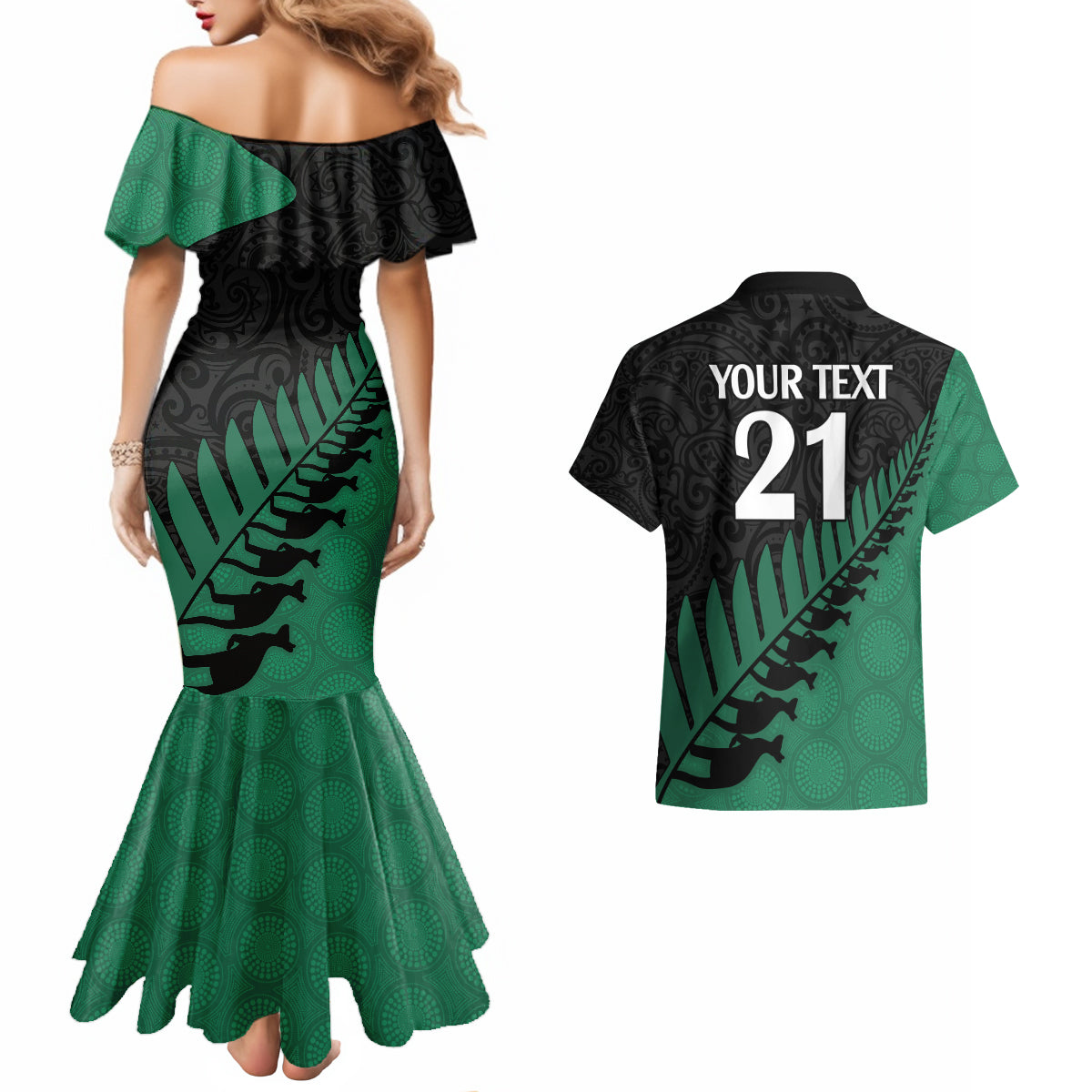 Custom Australia Wallabies and Aotearoa Rugby Couples Matching Mermaid Dress And Hawaiian Shirt Kangaroo Black Fern Maori Green Vibe LT9 - Polynesian Pride