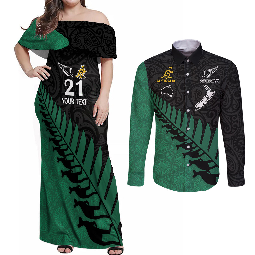 Custom Australia Wallabies and Aotearoa Rugby Couples Matching Off Shoulder Maxi Dress and Long Sleeve Button Shirts Kangaroo Black Fern Maori Green Vibe LT9 Green - Polynesian Pride