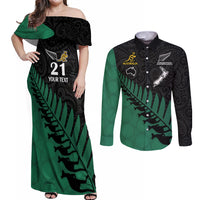 Custom Australia Wallabies and Aotearoa Rugby Couples Matching Off Shoulder Maxi Dress and Long Sleeve Button Shirts Kangaroo Black Fern Maori Green Vibe LT9 Green - Polynesian Pride