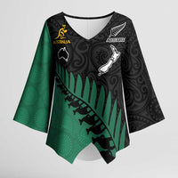 Australia New Zealand Rugby Kimono Sleeve Blouse Green Aboriginal Wallabies and Maori Black Fern - Polynesian Pride