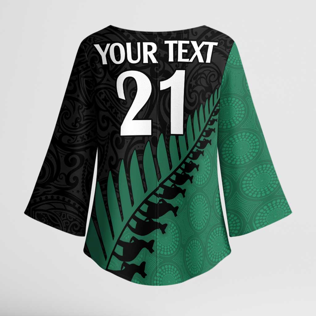 Australia New Zealand Rugby Kimono Sleeve Blouse Green Aboriginal Wallabies and Maori Black Fern - Polynesian Pride