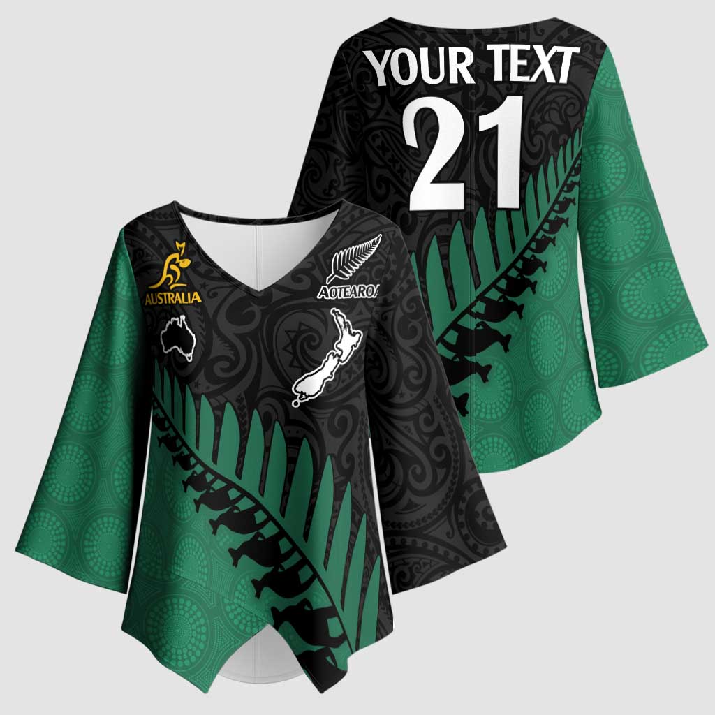 Australia New Zealand Rugby Kimono Sleeve Blouse Green Aboriginal Wallabies and Maori Black Fern - Polynesian Pride